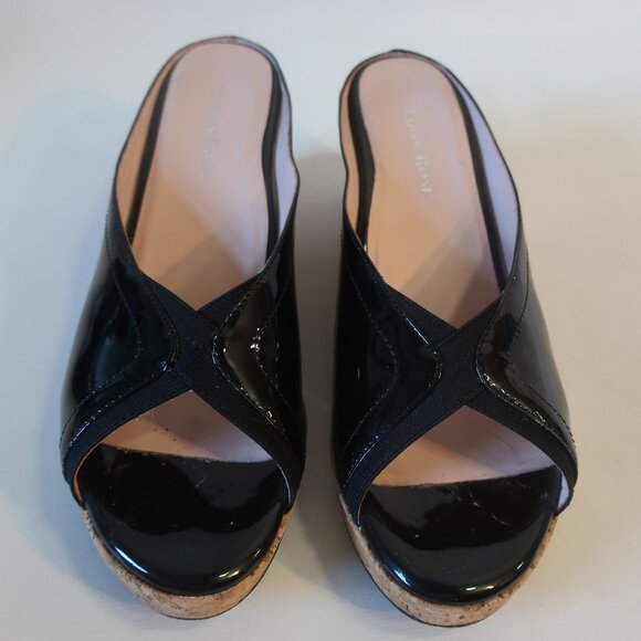 Womens Taryn Rose Selinda Black Patent Leather Peep Toe Cork Wedge Mule Heel 9.5 - Picture 6 of 13